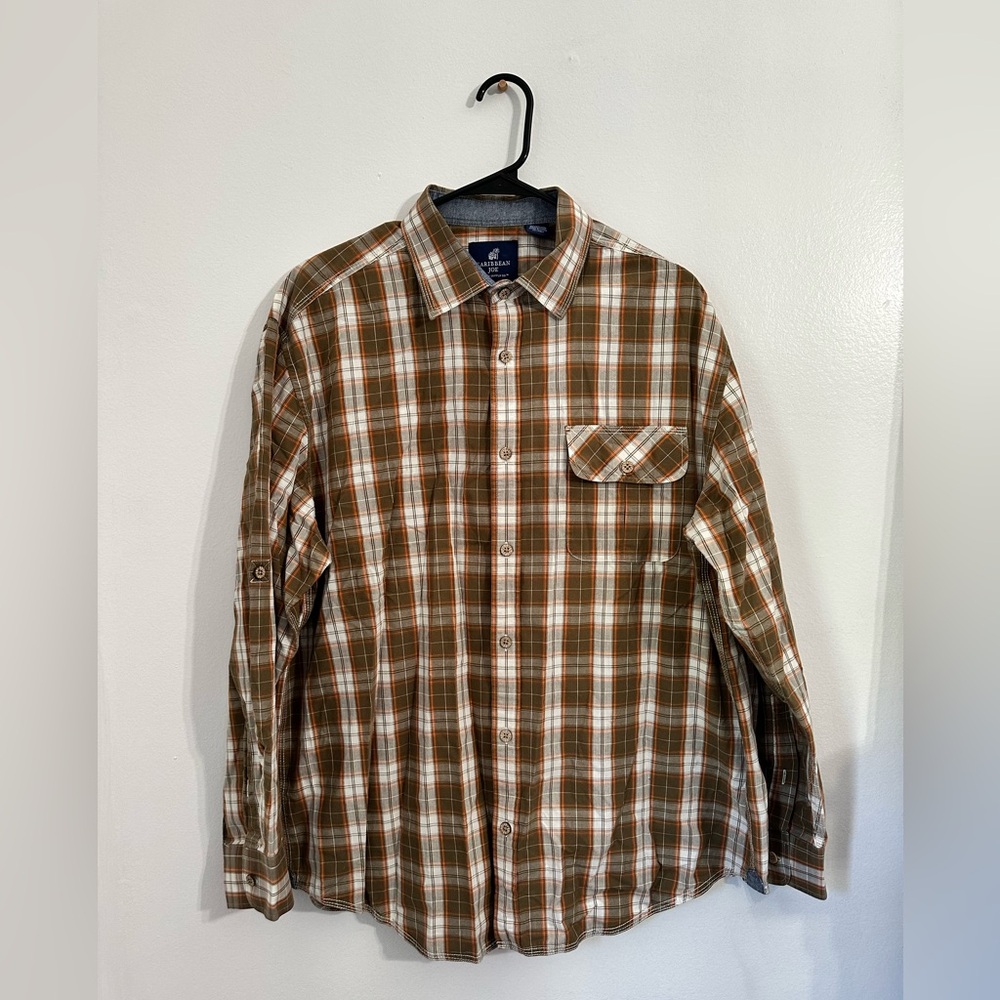 Caribbean Joe Men’s Brown & Orange Plaid Long Sleeve Button Down Top XL